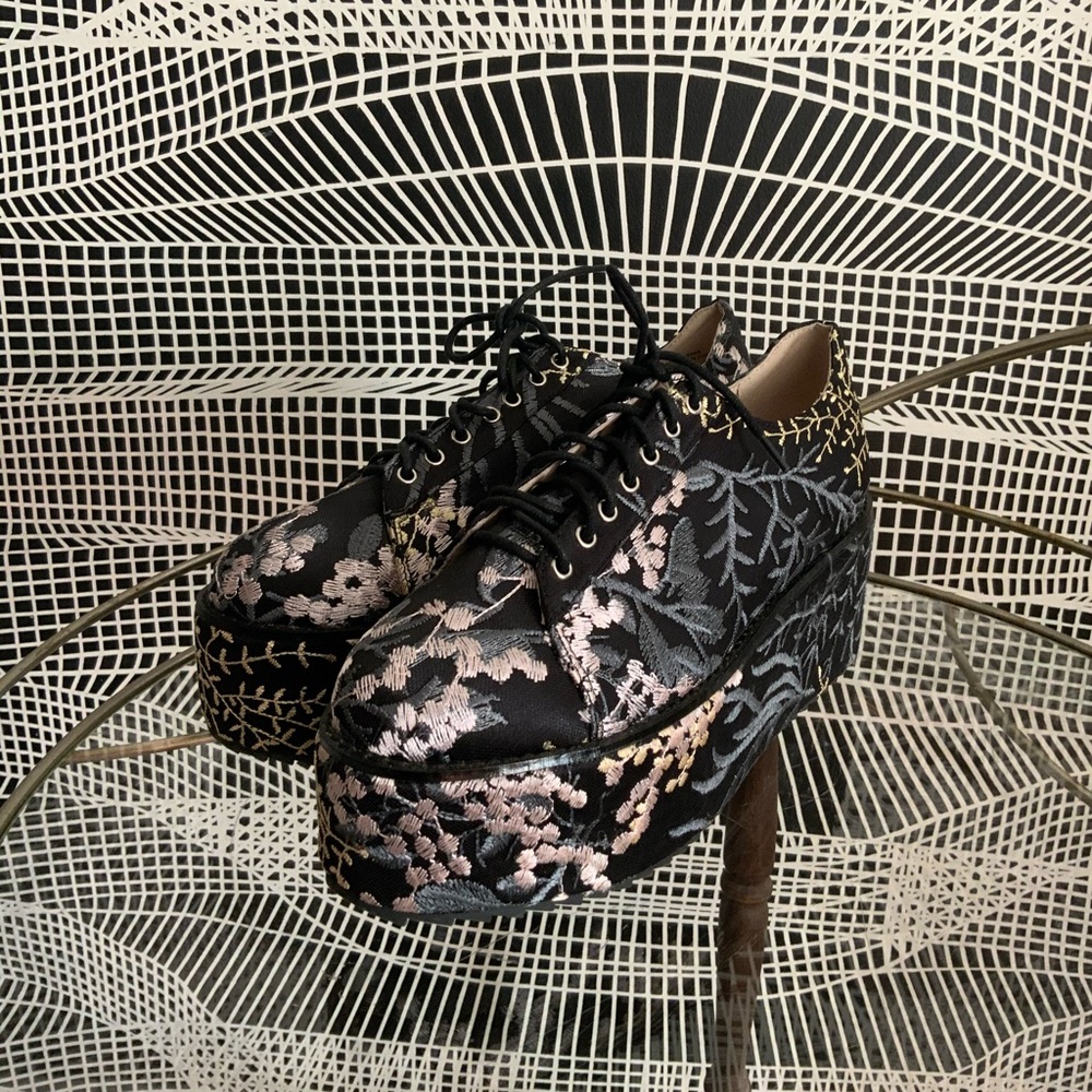 Shellys London Black and Pink Floral Platform Shoes